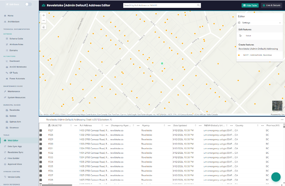 Per-municipality web address editor with map and attribute table.