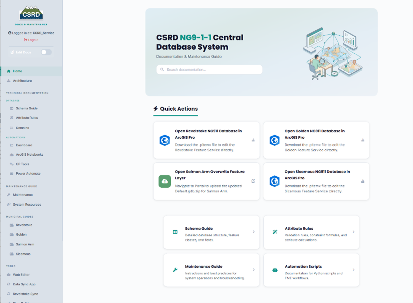 CSRD NG9-1-1 Central Database System operations and documentation hub with quick actions and municipal guides.