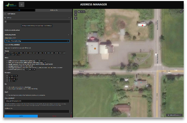 District of North Saanich Address Manager application with inline validation rules over aerial imagery.