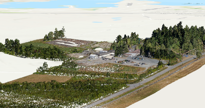 3D LiDAR-derived terrain model of North Saanich showing classified ground, vegetation, and a road corridor.