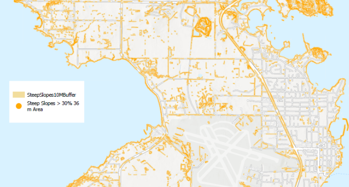 Steep slope map of the Saanich Peninsula highlighting slopes over 30 percent in gold over the road network.